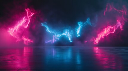 A dark blue and pink sky with a bright blue and pink cloud. The sky is filled with smoke and fire