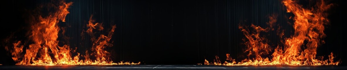 A black background with two sets of fire on either side. The fire is orange and the background is dark