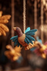 Intricate handmade bird ornament, teal and gold, hanging.