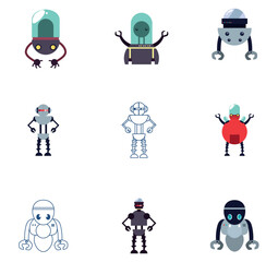 Set of vector icons of robots with white background