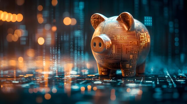 A digital piggy bank symbolizes the future of finance and technology. It depicts the intersection of traditional savings with modern technology. Money background. Digital Piggy Bank: Future of Finance