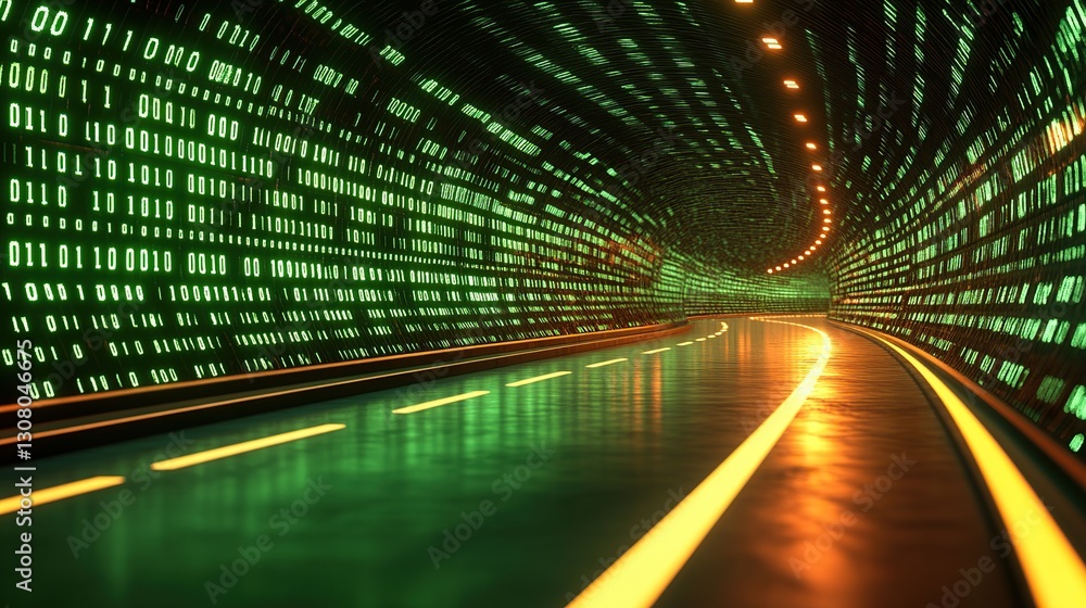 Poster digital tunnel road with binary code background