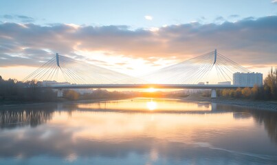 A serene sunset view over a river, highlighting a modern bridge and reflecting colors on the water.