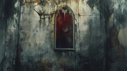 Urban texture: graffiti art on worn-out concrete wall in the city. Forgotten - Shrine. Illustration