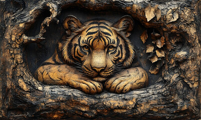Realistic wooden sculpture of a tiger resting on a tree branch, surrounded by carved leaves