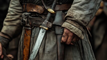 A person wearing traditional garb with a visible sword and belt
