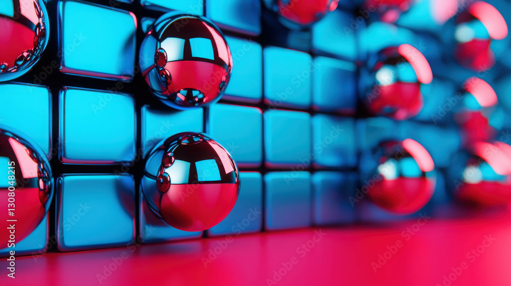 Poster vibrant 3d arrangement of metallic spheres and cube blocks in a dynamic color pattern
