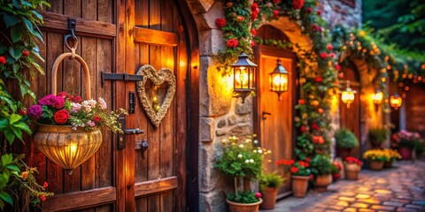 Obraz premium Charming Rustic Entrance with Wooden Door, Floral Decor, and Heart Design - Tilt-Shift Photography