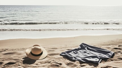 Relaxing Beach Scene with Straw Hat and Soft Blanket on Sandy Shore Under Bright Sunlight