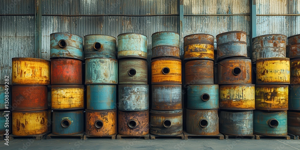 Aufkleber a colorful collection of old rusty drums stacked in a warehouse with textured surfaces and unique pa