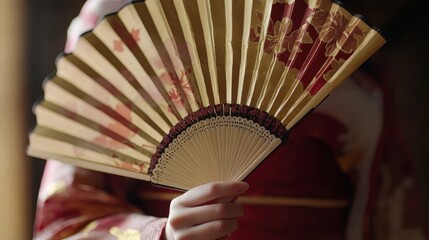 A person holds an ornate fan with floral and geometric patterns