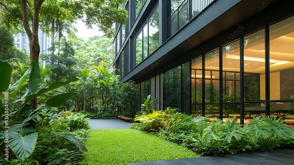 Poster Modern building with large windows surrounded by lush greenery and well-maintained landscaping.