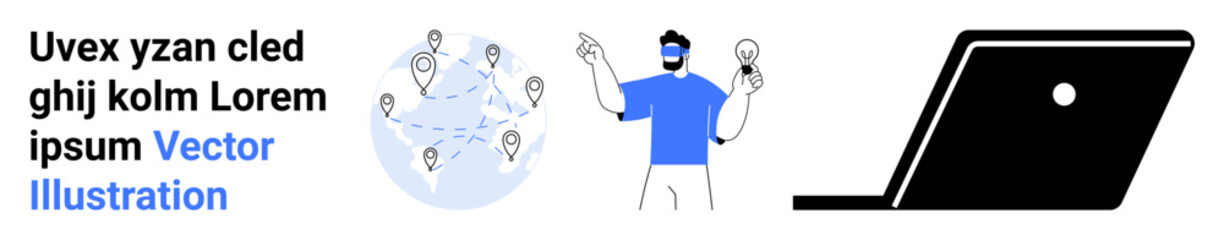 Man pointing at digital nodes on globe, laptop symbolizing connectivity and technology use. Ideal for global networking, remote work, communication, collaboration, technology, education, abstract