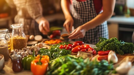 A diverse family preparing a healthy meal together in a modern kitchen, with colorful ingredients spread across the counter, emphasizing family wellness, photographed in a cozy, lifestyle style 