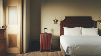 Cozy Hotel Room with Wooden Furniture and Luggage in a Warm Neutral Palette