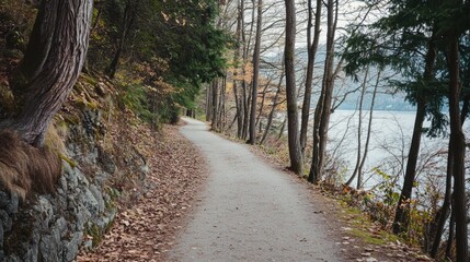 Serene Woodland Path by Tranquil Lake Surrounded by Fall Colors and Tall Trees in Nature