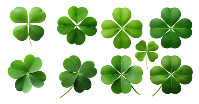 Variety of Green Clover Leaves Isolated on Black Background, PNG bundle collection, Isolated on Transparent Background - Powered by Adobe