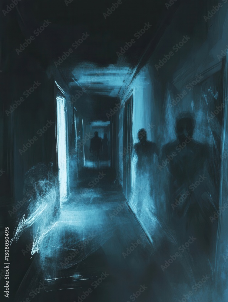 Poster mysterious dark corridor illuminated by eerie flickering light with ghostly figures lurking in the s