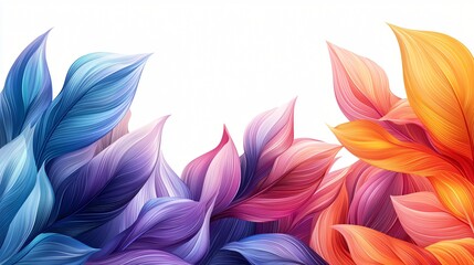 Colorful abstract leaves border, white background, design element