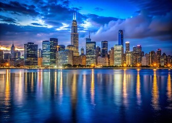 Naklejka premium Chicago Downtown Skyline Night View from Lake Michigan - Low Light Photography