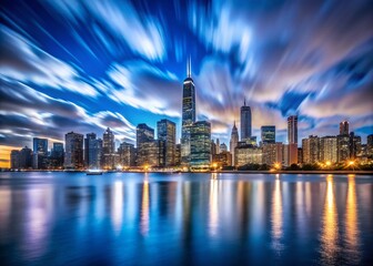 Fototapeta premium Chicago Skyline Long Exposure, Windy City Night Lights, Blurred Motion, Urban Landscape