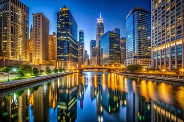Naklejka premium Chicago Skyline Night Photography: Tall Buildings Reflecting on River Under Clear Night Sky