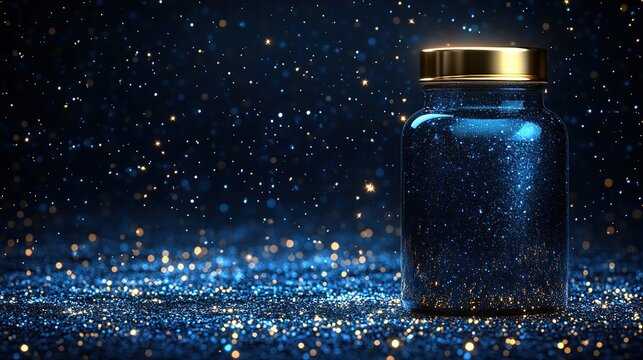Glittering blue glass bottle on dark background