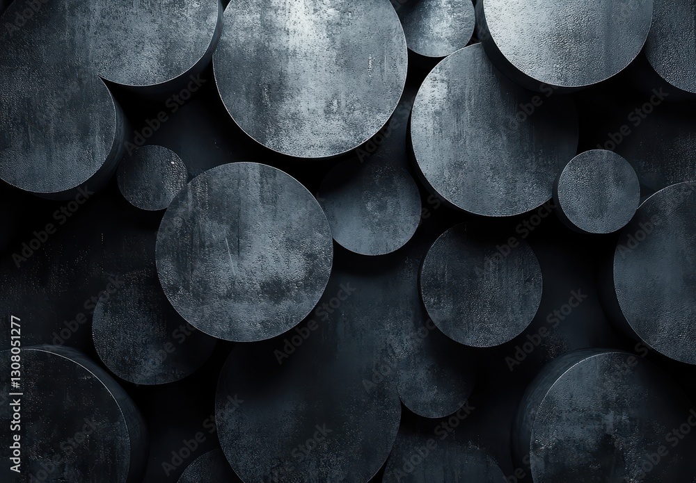 Poster abstract arrangement of textured circular forms in dark tones, conveying a modern and artistic aesth