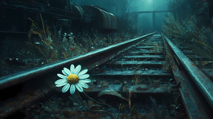 A luminescent daisy adorns a forgotten train track, its petals faded like memories amidst the desolate allure of overgrown weeds and rusty metal. Forgotten - Shrine. Illustration