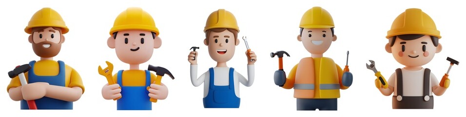 A group of men in construction uniforms are holding tools isolated on transparent background cutout