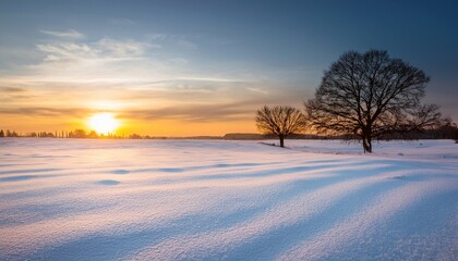 winter sunset landscape with tree and snow field
