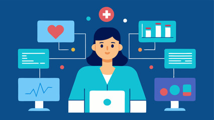 Remote Monitoring System An illustration of a nurse analyzing patient data on multiple screens showcasing realtime health metrics from remote monitoring devices.