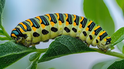 Fototapeta premium Colorful caterpillar on leaf, garden, macro shot, nature