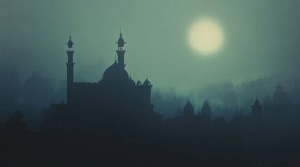 Fototapeta premium Mosque silhouette, misty dawn, city skyline, peaceful scene