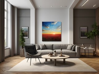 Modern Living Room with Abstract Sunset Artwork