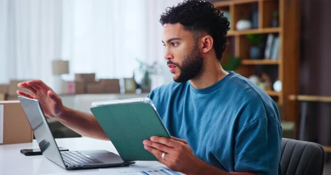 Logistics, tablet and man on laptop for shipping, order review and small business in home. Ecommerce, distribution and technology for online sales, stock procurement and typing email for remote work