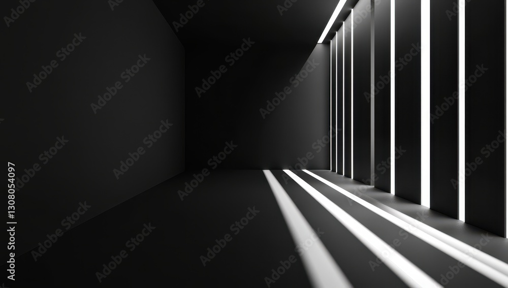 Poster abstract black room with straight lines of light creating dramatic shadows and highlighting geometri