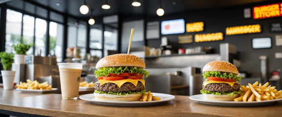 hamburger menu at burger store, selection of hamburgers served with French fries on wooden table in modern restaurant
