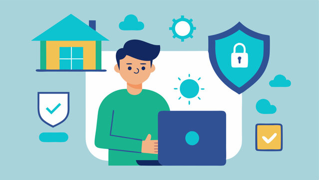 Security Advice A technician illustrating cybersecurity tips to a home user with visual elements like lock icons firewalls and antivirus shields.