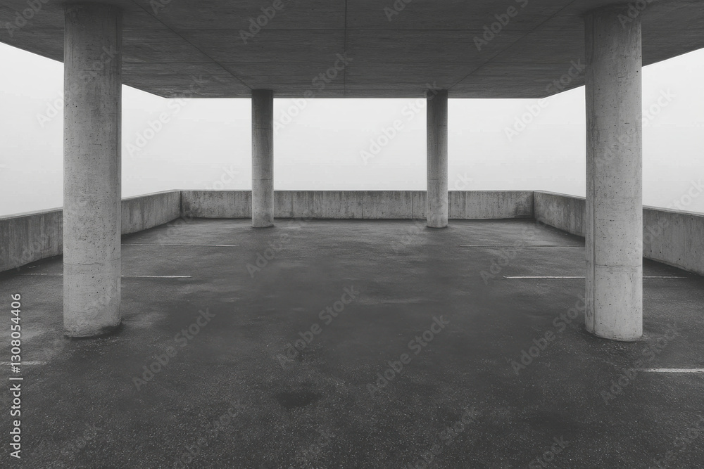 Poster a large empty parking garage with a gray sky in the background