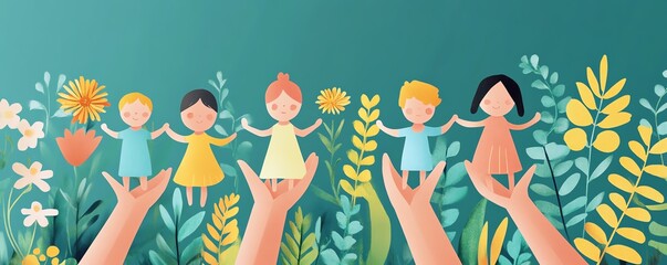 Illustration of hands holding paper family figures, symbolizing family protection, teamwork in patient care, holistic approach to wellbeing, addressing social determinants