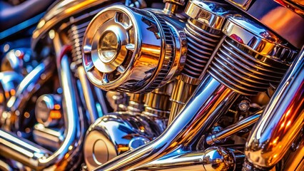 Close-up Chrome Motorcycle Detail: Gleaming Engine Parts & Polished Metal