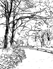Fototapeta premium sketch, vector, drawing, house, landscape, coloring page, illustration, tree, architecture, city, building, old, home, vintage, mountain, street, church, nature, village, painting, river, draw, black,
