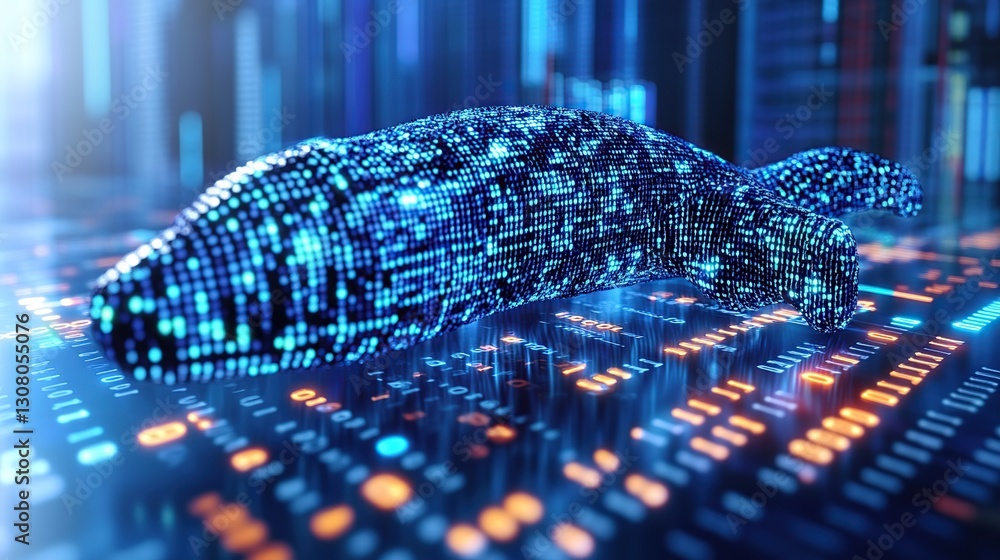 Poster digital fish on server platform, data analysis in futuristic server room