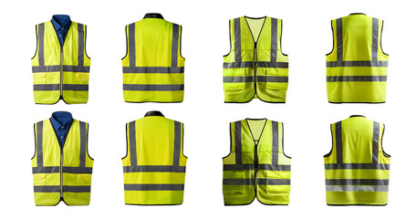 High Visibility Safety Vests in Various Angles and Styles, Bundle Set Collection, Isolated on Transparent Background