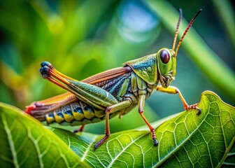 Close-Up Grasshopper on Green Leaf – Detailed Wings & Body Macro Photography