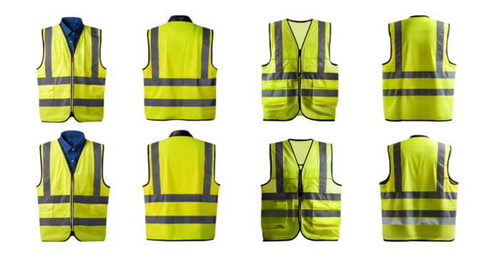 High Visibility Safety Vests in Various Angles and Styles, Bundle Set Collection, Isolated on Transparent Background