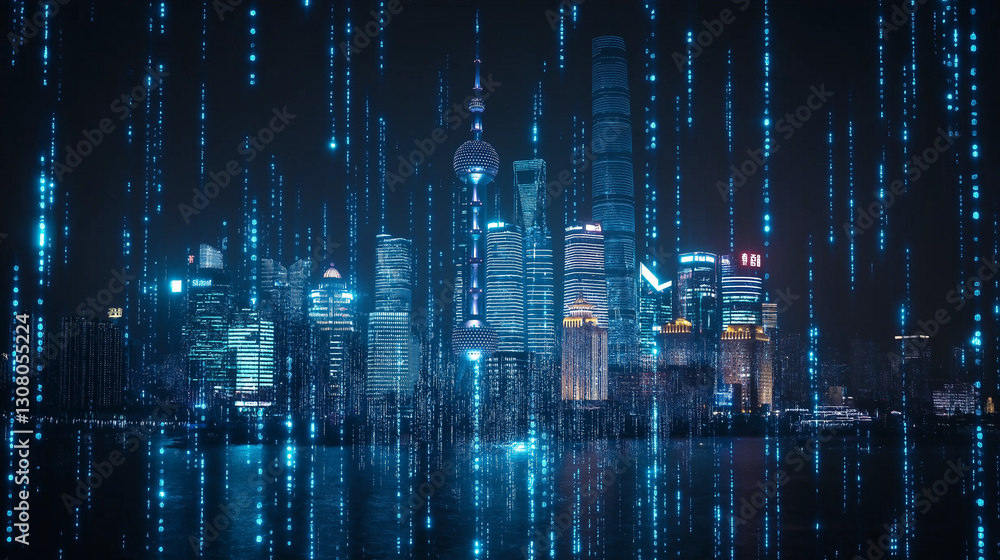 Poster cityscape of tech matrix: digital data streams cascade over a vibrant cityscape, with illuminated bu