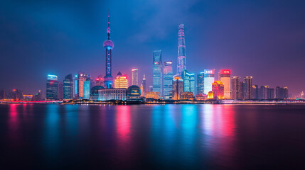 Shanghai Skyline: A mesmerizing view of the Shanghai skyline at night, with illuminated skyscrapers reflecting in the tranquil water, creating a vibrant and captivating cityscape.
