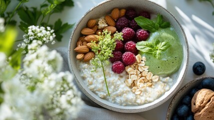 Colorful breakfast bowl features yogurt topped with raspberries, almonds, and oats, alongside a vibrant green smoothie. Fresh herbs add a touch of nature to the table